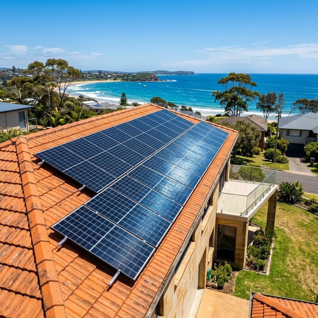 Solar panels installed on a terracotta tile roof overlooking the Central Coast