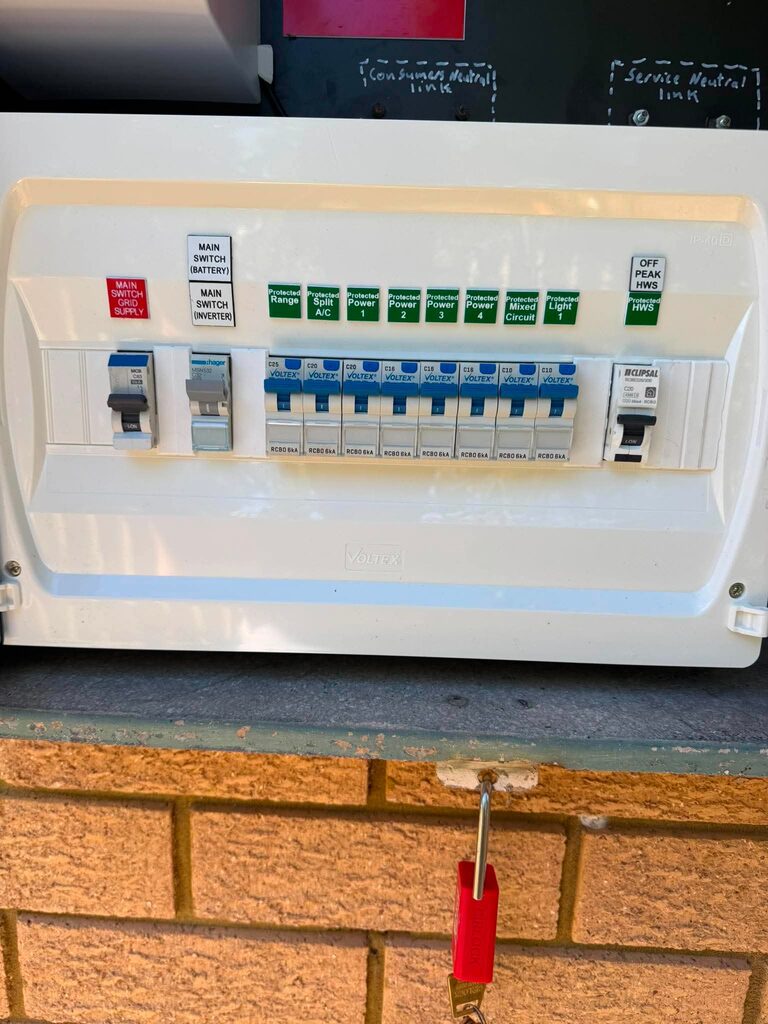 Upgraded modern RCD switchboard by Weir Signalling & Electrical — clean Voltex panel with labelled circuit breakers